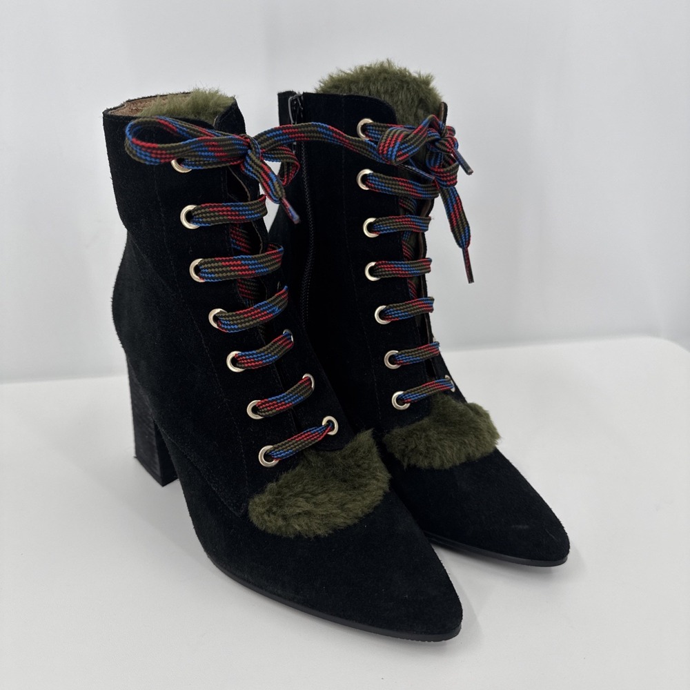 Anthropologie Suede Lace-Up Boots Black & Green Victorian Style‎ Stacked Heel